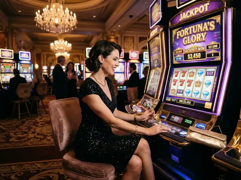 Stylish woman playing at a real casino slot machine in a luxury setting while exploring the maxwin casino guide for better online casino strategies.