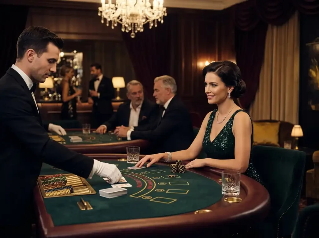 Glamorous woman playing at a luxury VIP casino table inside a real casino, showcasing the ultimate maxwin casino guide experience in an upscale gaming environment.