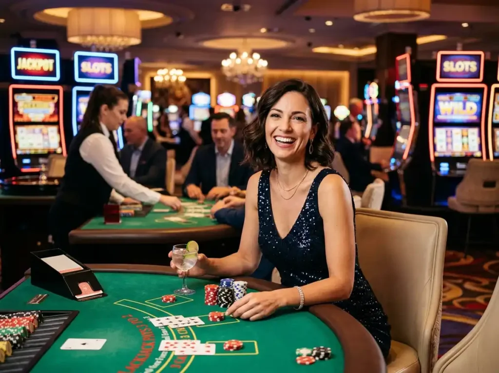 Elegant female player smiling while enjoying slot machines inside a real casino, exploring the mega jackpot online casino 2026 guide experience in a vibrant gaming area.