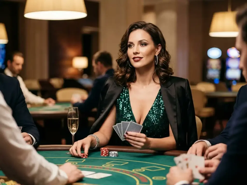 Glamorous woman player seated at a table game inside a real casino, holding playing cards while connected to the mega jackpot online casino 2026 guide experience.
