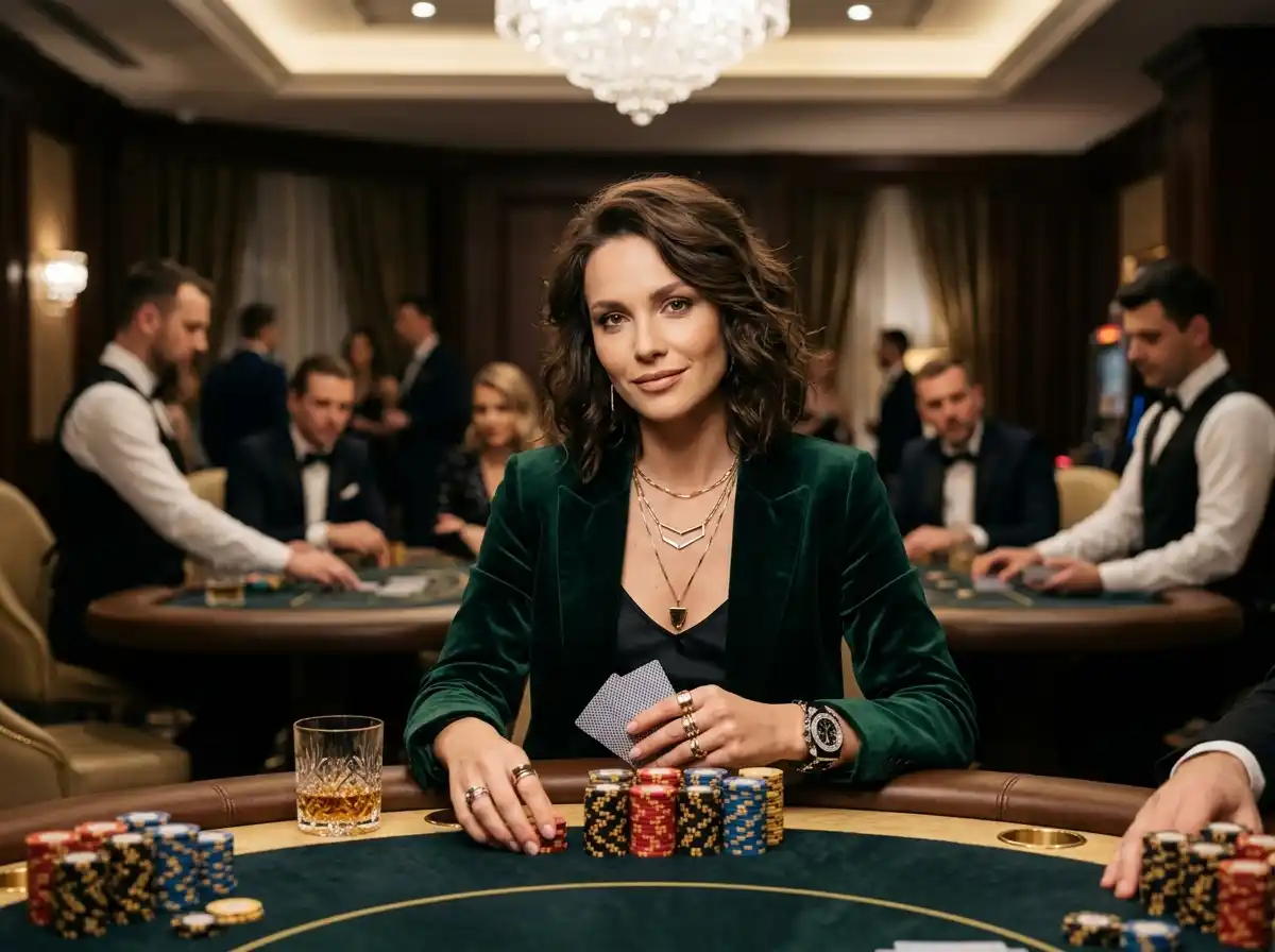 Stylish female player seated at a VIP poker table inside a real casino, enjoying the atmosphere of a high-stakes gaming environment while connected to a mega jackpot online casino 2026 guide for online casino insights.