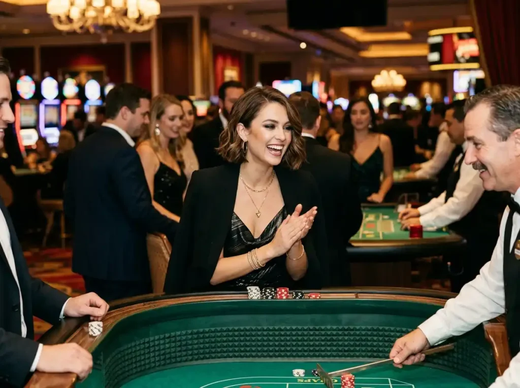 Stylish female player enjoying a vibrant casino night inside a real casino, exploring the excitement of the mega jackpot online casino 2026 guide experience through an immersive gaming atmosphere.