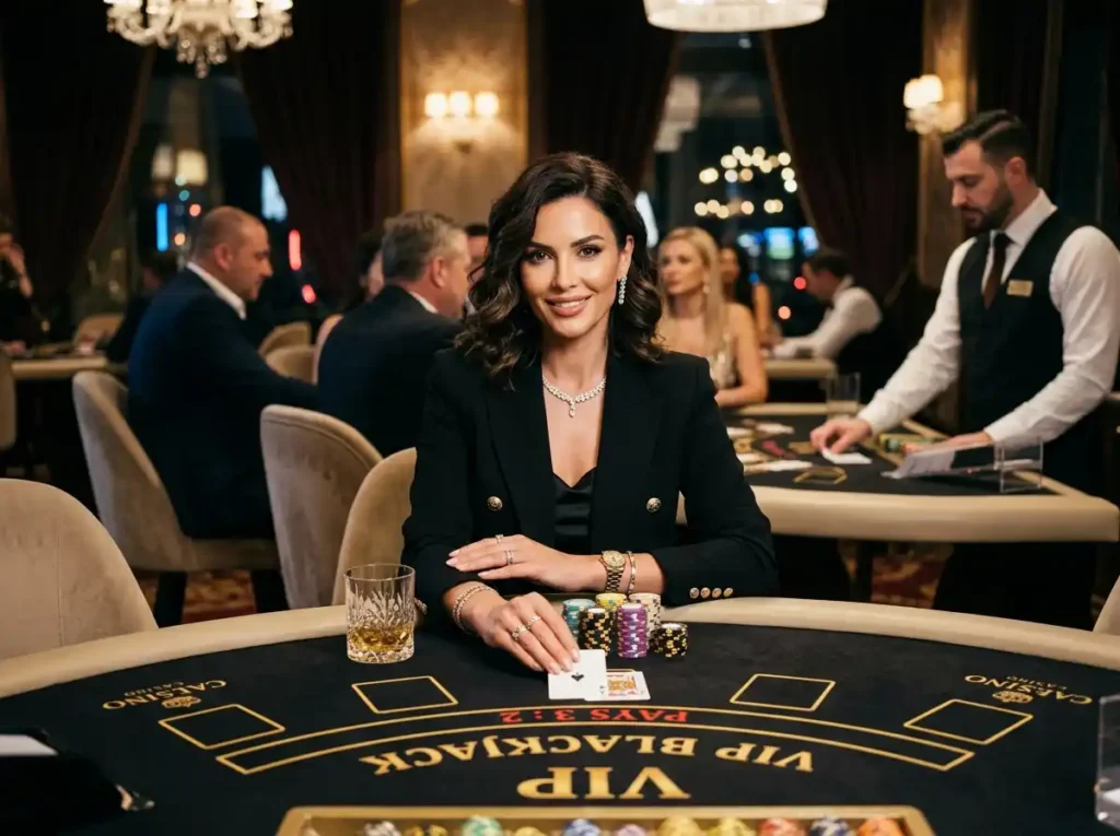 Fashionable woman at a VIP blackjack table inside a luxury casino, capturing the exciting atmosphere connected to mega panalo casino online gaming