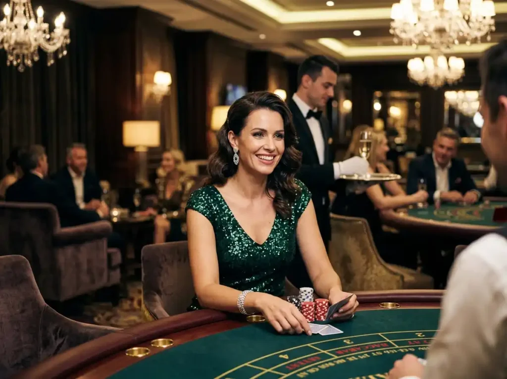 Glamorous woman enjoying a luxury casino night at a real gaming venue while representing the excitement of mega panalo casino online entertainment
