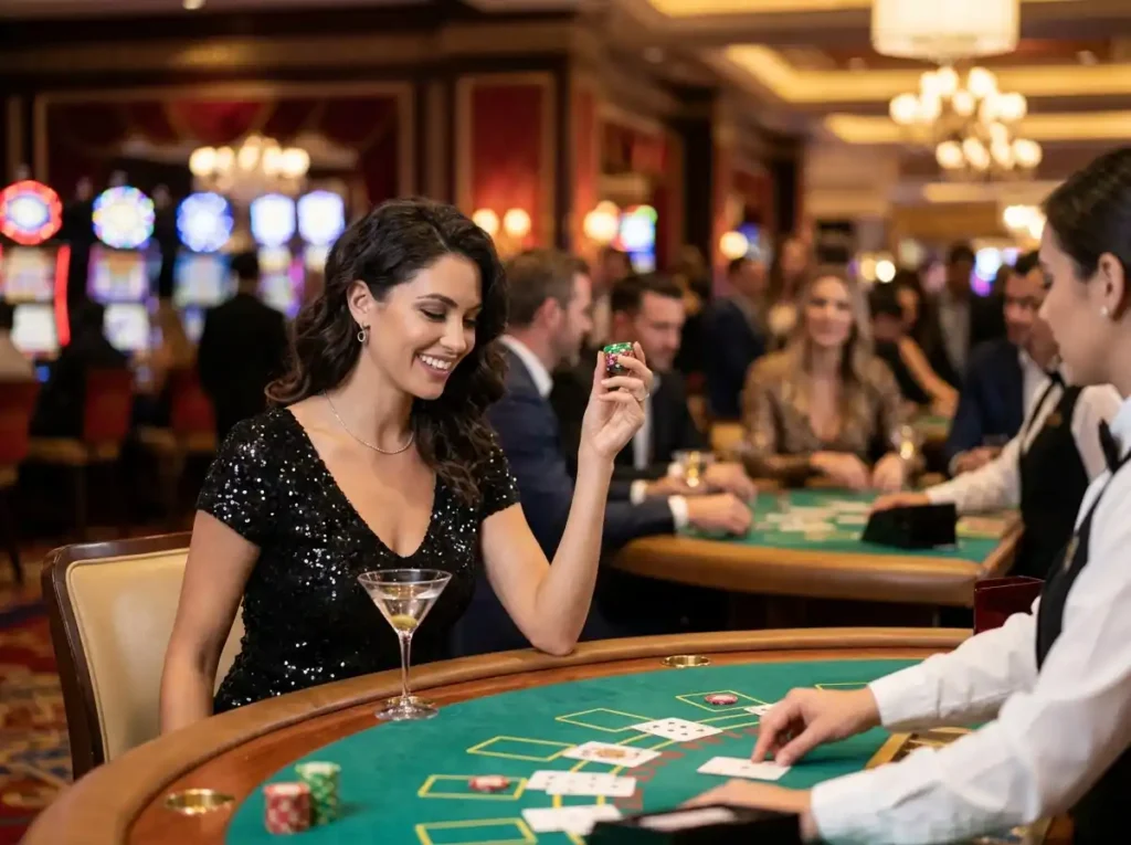 Glamorous female player enjoying a luxurious casino atmosphere, capturing the excitement linked with mega panalo casino online gaming experiences