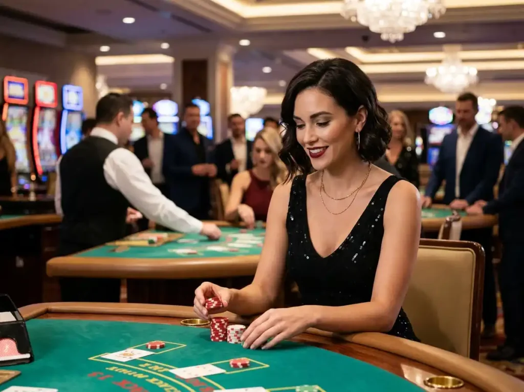 Glamorous woman holding casino chips inside a luxury gaming venue, representing the exciting atmosphere of mega panalo casino online gaming