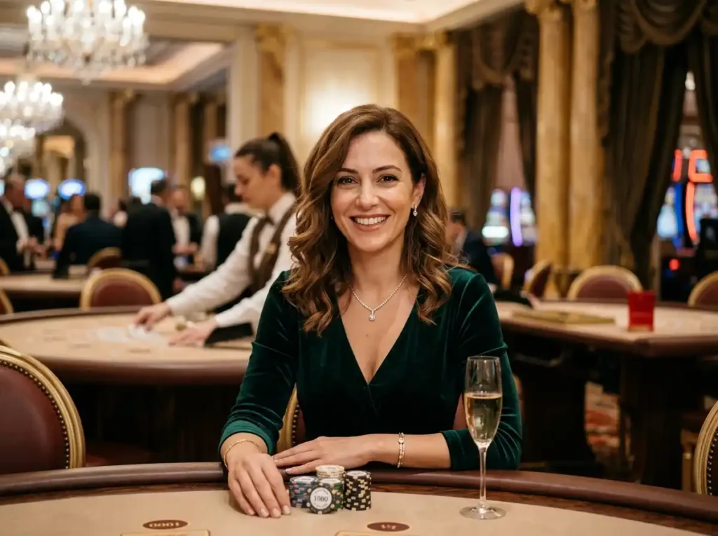 Elegant casino player facing the camera and smiling inside a luxury gaming venue, capturing the excitement connected to ph rush casino online gaming