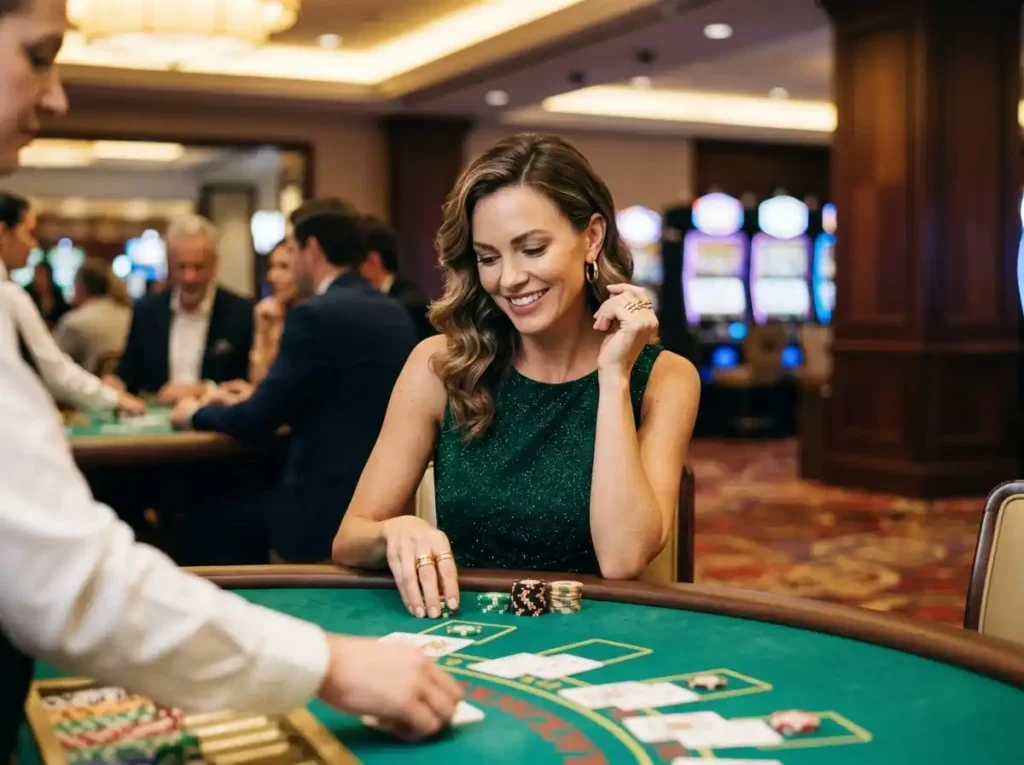 Glamorous female guest playing table casino games inside a luxury casino venue, inspired by the exciting atmosphere of ph rush casino online gaming