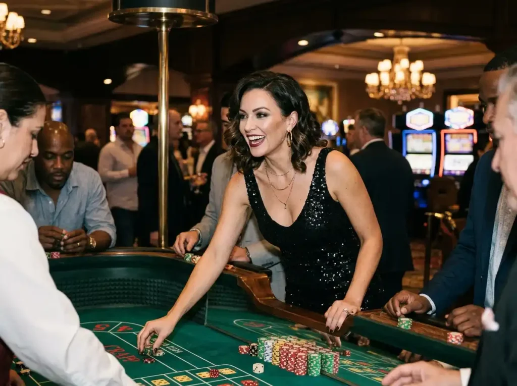 Glamorous woman enjoying table games inside a luxury casino, inspired by the exciting atmosphere of ph rush casino online gaming