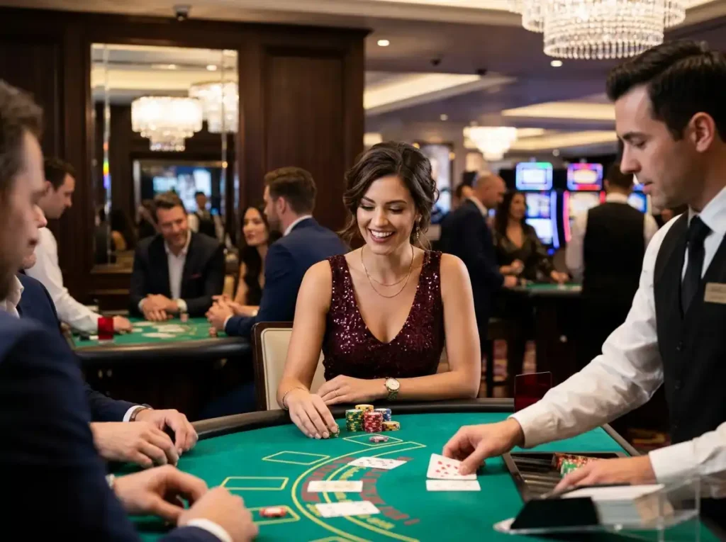 Playworld Casino-inspired casino gaming experience featuring a stylish player enjoying a blackjack table game inside a luxury casino environment