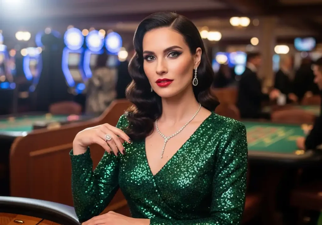 Glamorous woman inside a luxury casino venue, highlighting the exciting atmosphere associated with Playworld Casino online gaming and entertainment.