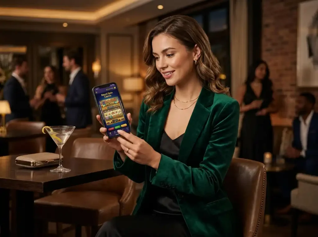 Stylish woman enjoying the casino atmosphere at PlayWorld Casino, highlighting the excitement and entertainment associated with a modern online casino experience.