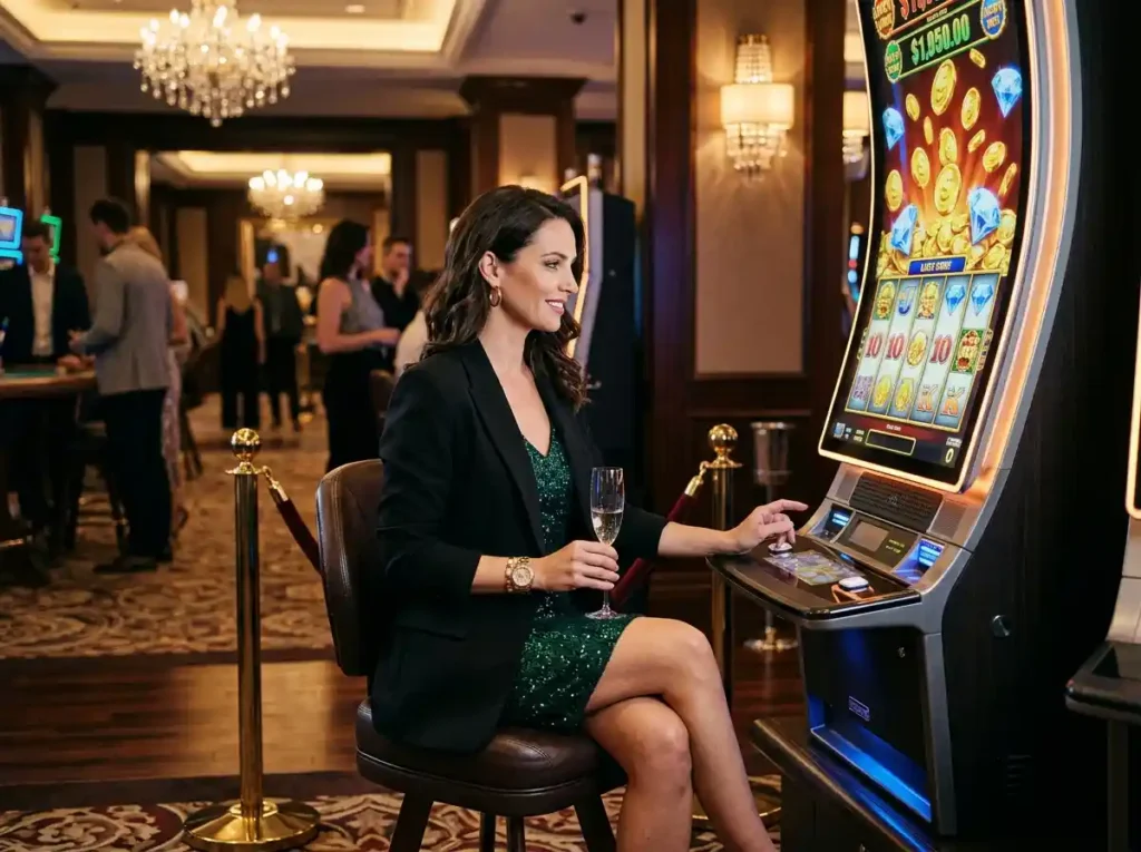 Stylish woman enjoying a luxury casino slot machine experience, showcasing the excitement and entertainment associated with PlayWorld Casino online gaming.