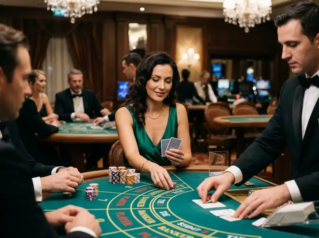 Fashionable woman enjoying a VIP baccarat table inside a luxury casino, inspired by the excitement of pop party casino ultimate fun in online casino entertainment