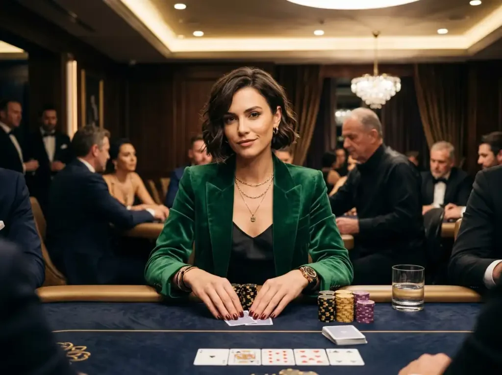 Stylish female guest enjoying a lively game at a VIP poker table inside a real online casino experience, capturing the vibrant atmosphere of pop party casino ultimate fun.