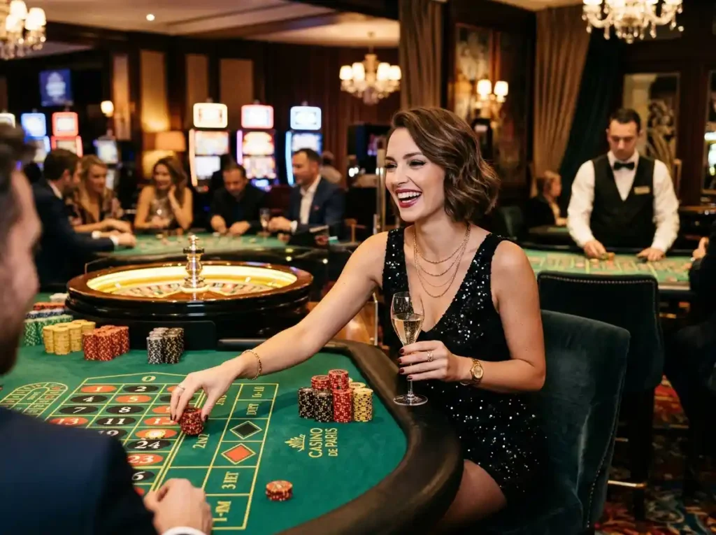 Stylish female guest enjoying gameplay inside a real casino lounge during a lively evening, capturing the vibe of pop party casino ultimate fun in a vibrant gaming atmosphere.