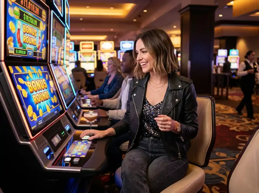 Stylish female player smiling while enjoying a slot machine inside a real casino, capturing the vibrant energy of pop party casino ultimate fun in an exciting gaming atmosphere.