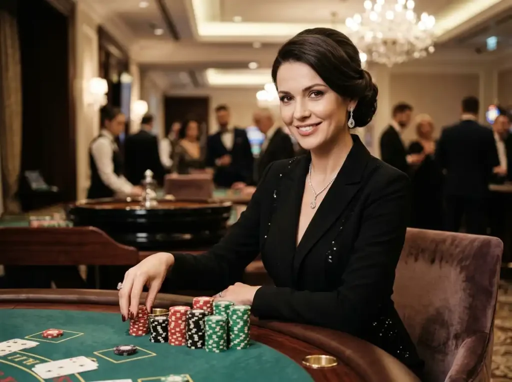 Elegant woman posing with casino chips inside a real casino, representing sg777 slot login online casino experience with a premium gaming atmosphere.