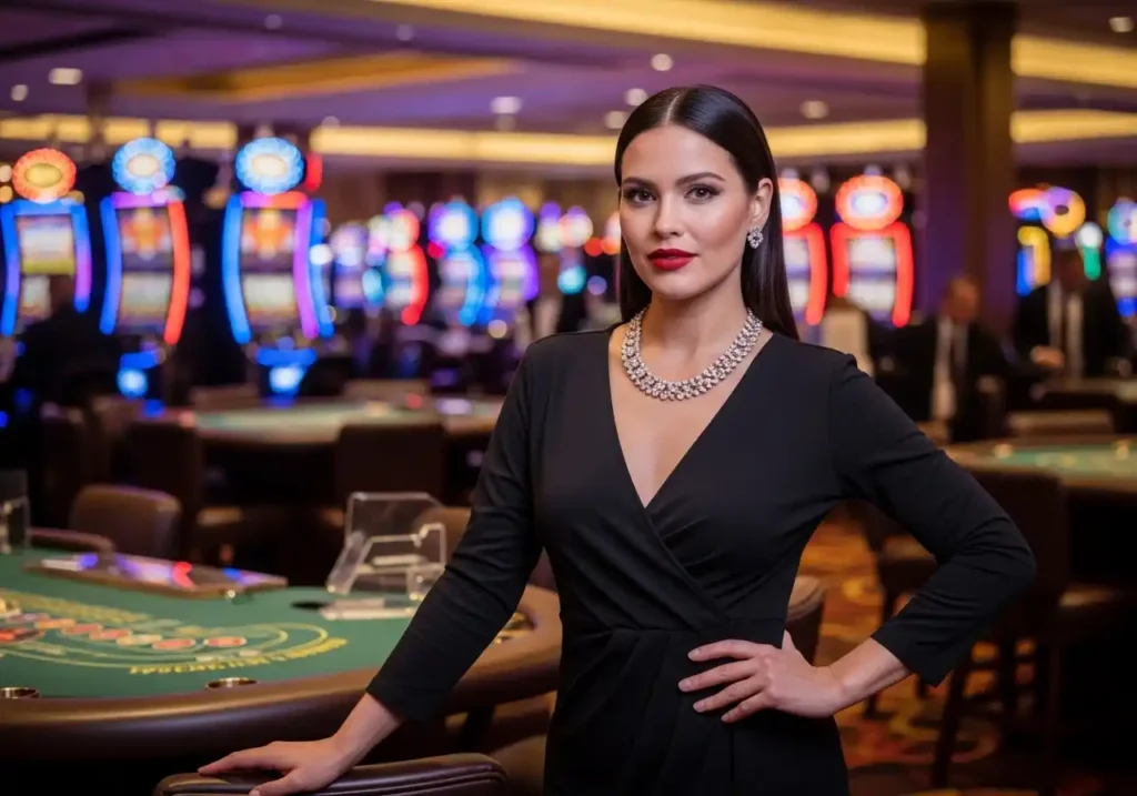 Elegant woman smiling in a real casino setting with slot machines in the background, associated with sg777 slot login for an online casino experience.