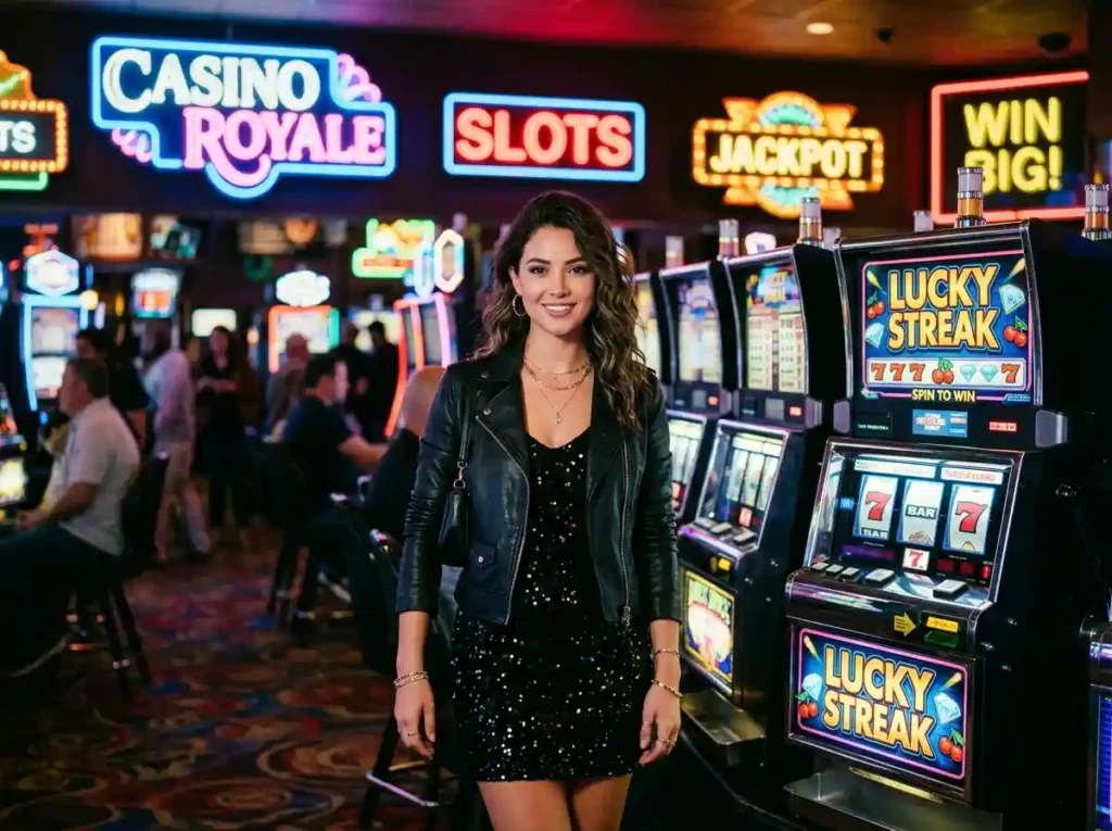 Stylish woman facing front inside a real casino illuminated by neon slot machines while using sg777 slot login for online casino access