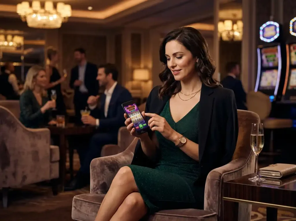 Woman playing mobile slots in a real casino while accessing sg777 slot login on an online casino platform