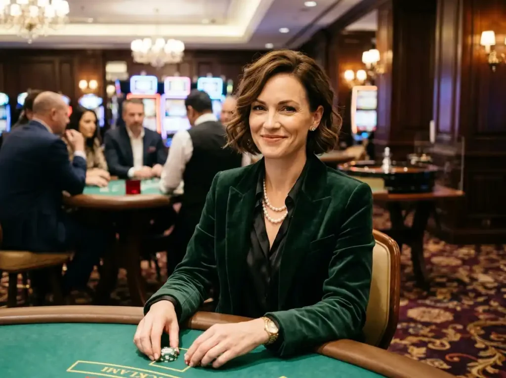 Elegant woman smiling inside a luxury casino game area, reflecting the excitement of slot free 100 pesos offers in an online casino experience