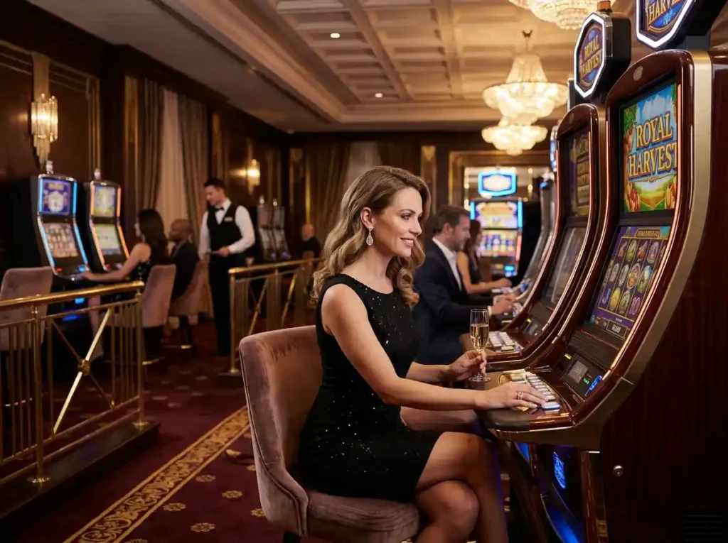 Glamorous woman playing on a luxury slot machine floor inside a real casino, inspired by the excitement of slot free 100 pesos online casino rewards