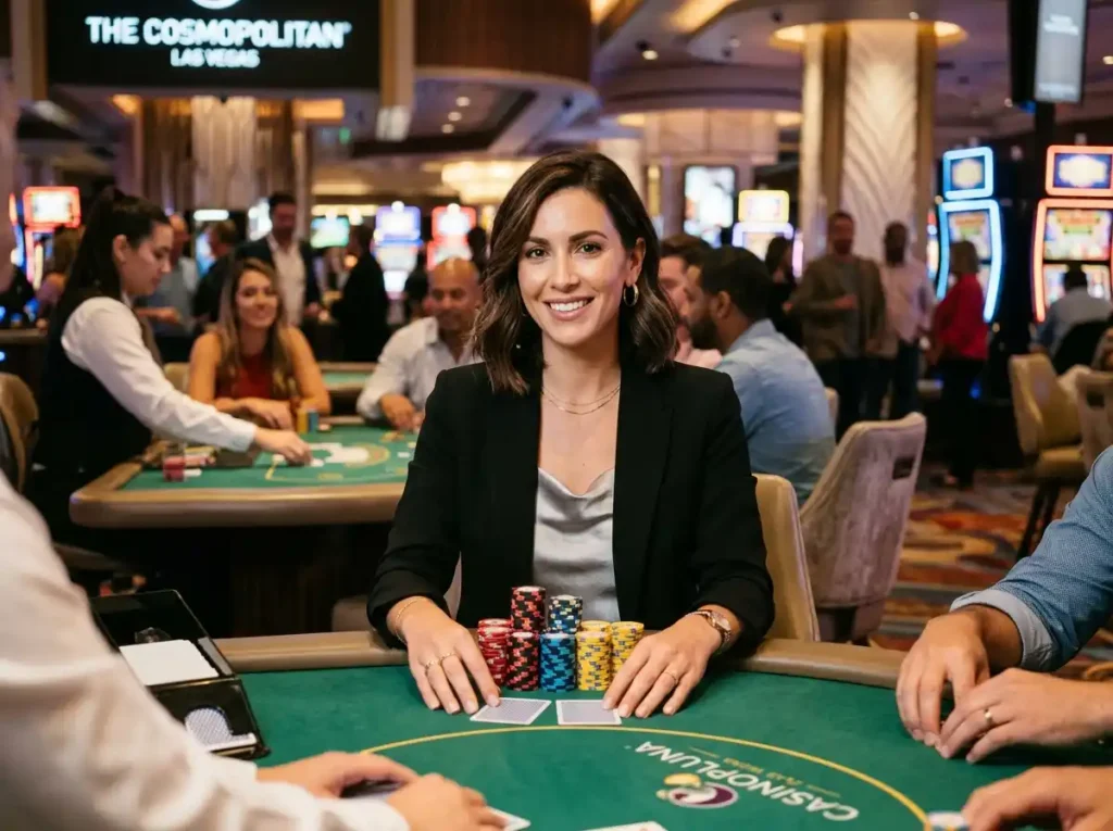Stylish casino woman player facing the camera while holding poker chips inside a luxury casino, connected to the excitement of slot free 100 pesos online casino promos