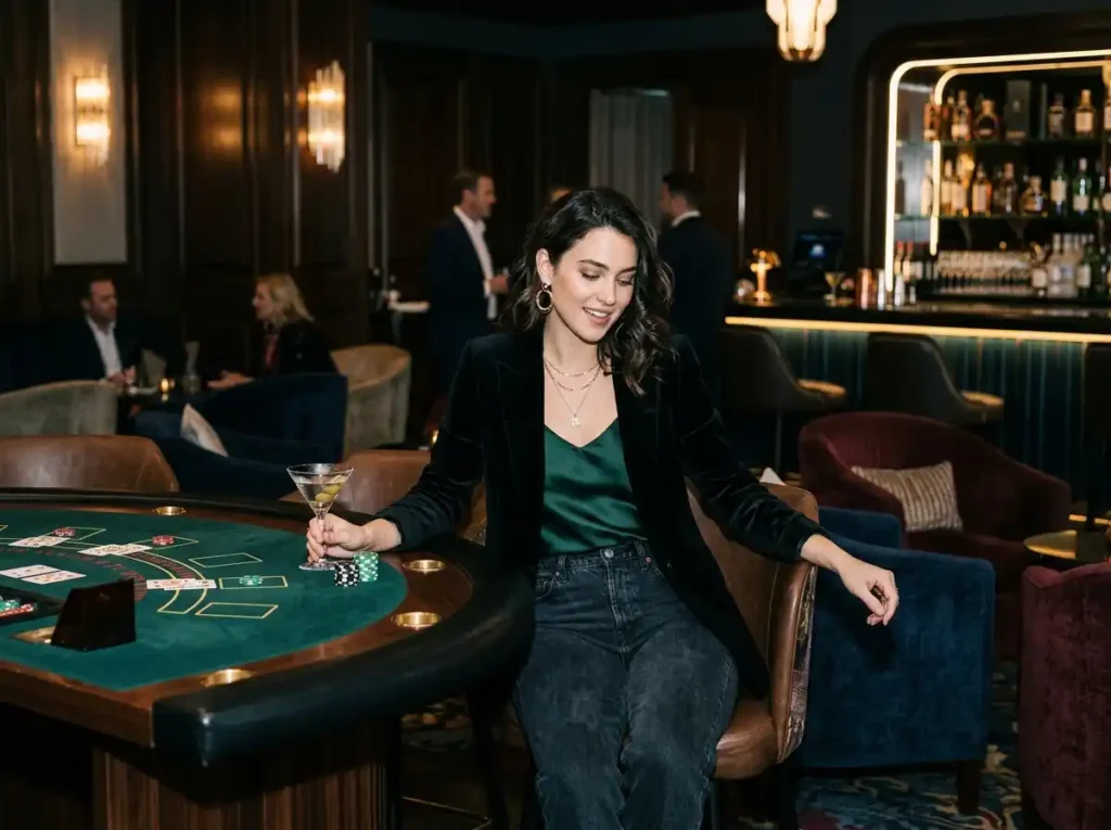 Stylish female player enjoying a luxury casino lounge experience, inspired by slot free 100 pesos online casino promotions and real gaming excitement