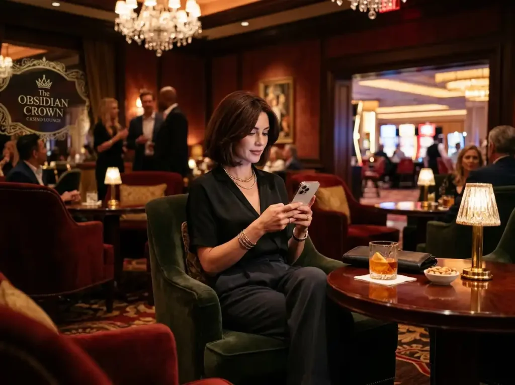 Woman playing on a mobile phone inside a real casino lounge, engaging with an online casino game while targeting a slot machine jackpot Philippines win in a modern gaming environment.