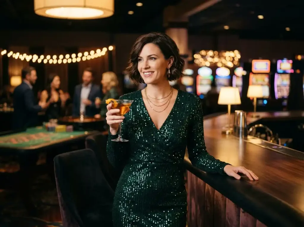 Stylish female guest holding a cocktail inside a real casino lounge in the Philippines, enjoying the lively atmosphere associated with slot machine jackpot Philippines and the excitement of modern online casino gaming experiences.