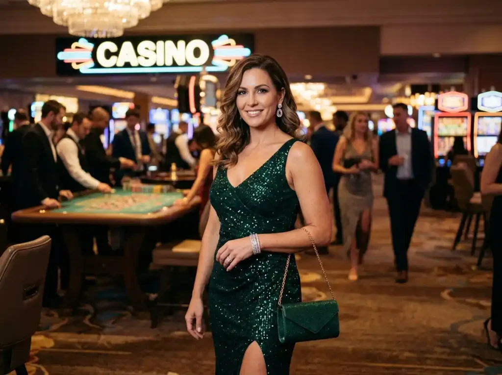 Slot machine jackpot Philippines featuring a woman guest facing the camera in a real casino lounge, enjoying a slot machine game experience similar to an online casino atmosphere.