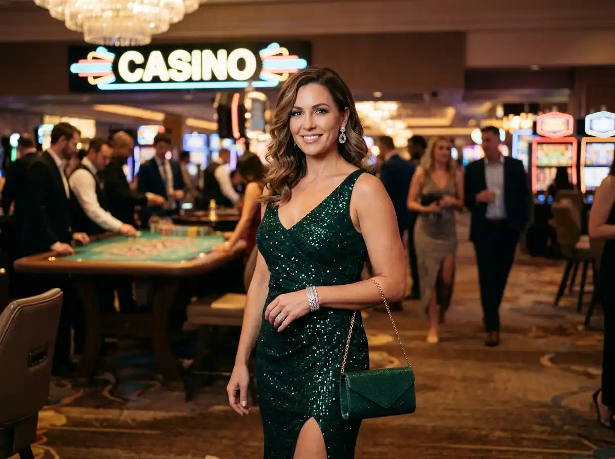 Slot machine jackpot Philippines featuring a woman guest facing the camera in a real casino lounge, enjoying a slot machine game experience similar to an online casino atmosphere.