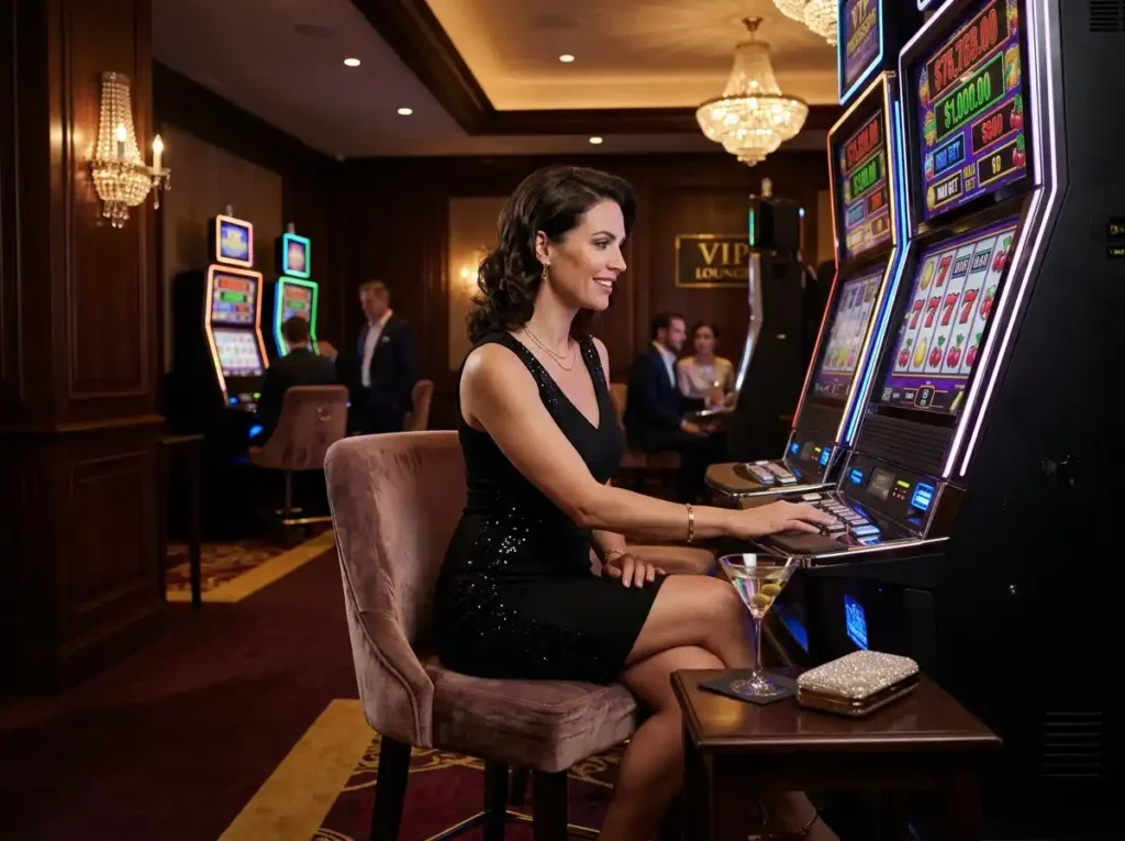 Elegant woman playing slot machines in a VIP casino area in the Philippines, enjoying a luxury gaming experience inspired by the slot machine jackpot Philippines online casino environment.