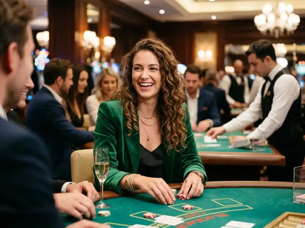 Solaire slot machine jackpot featuring a stylish player smiling inside a real casino at Solaire Resort & Casino, enjoying a table game in a premium online casino-style atmosphere.