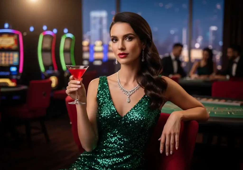 Stylish player inside a real casino enjoying slot machines, capturing the excitement of the solaire slot machine jackpot in an online casino-style gaming experience.