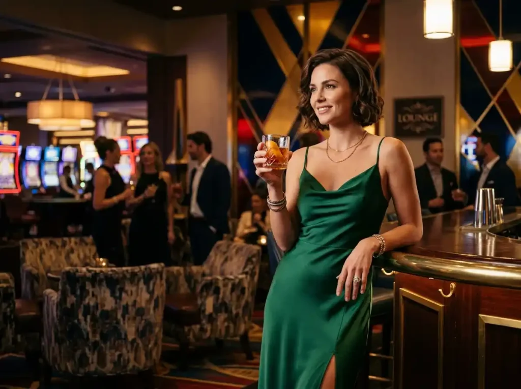 Stylish woman inside a real casino lounge holding a cocktail while enjoying a lively gaming atmosphere, reflecting the excitement of a solaire slot machine jackpot experience in an online casino setting.