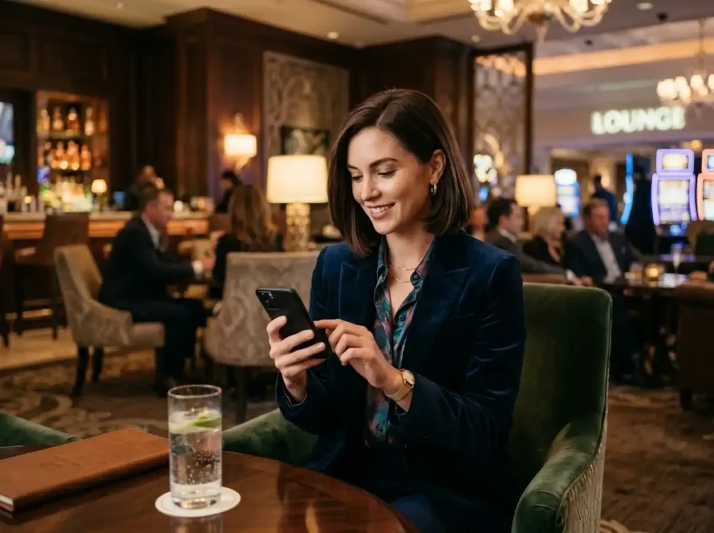 Woman using a smartphone inside a real casino lounge, engaging with an online casino game while aiming for a solaire slot machine jackpot experience.