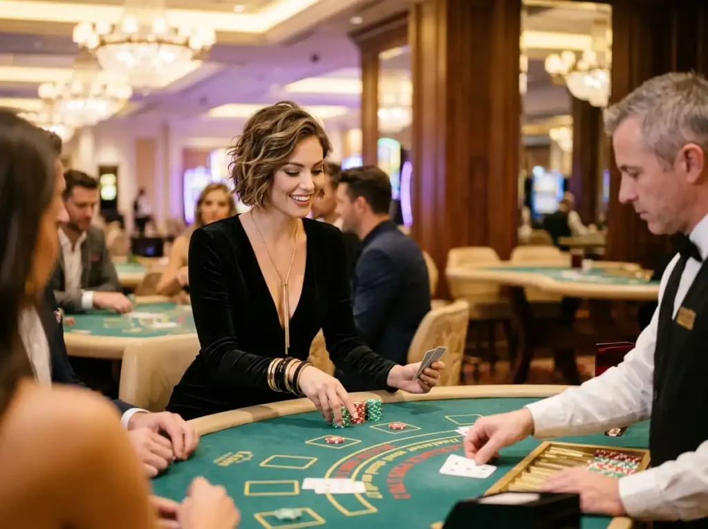 Guest enjoying a blackjack game at a real casino table, reflecting the online gaming experience of triple crown casino.