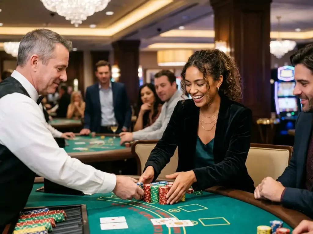 Confident woman winning chips at a casino table inside a real casino while engaging with triple crown casino online platform experience.