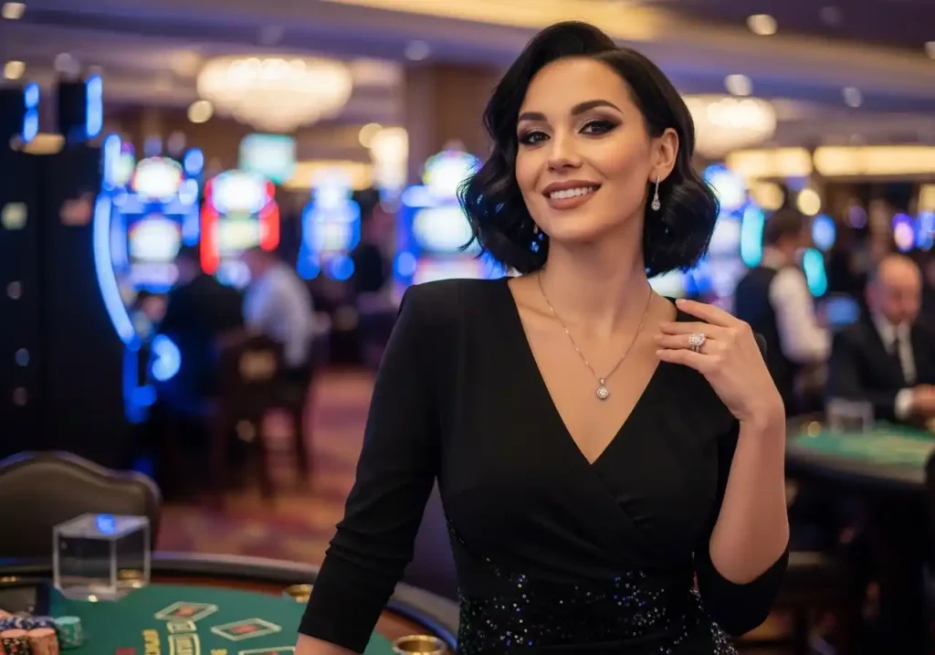 Stylish woman smiling at camera while enjoying a real casino environment and exploring the online gaming experience at triple crown casino