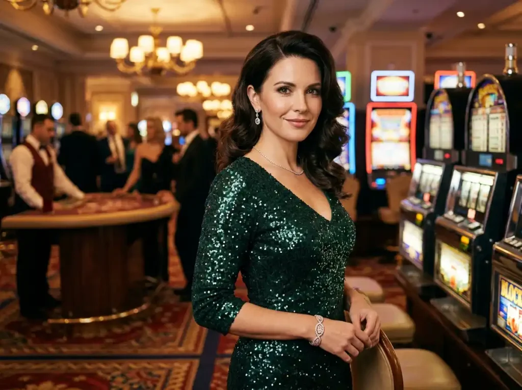 Woman facing the camera playing casino games inside a real casino setting, linked to Triple Crown Casino online casino experience