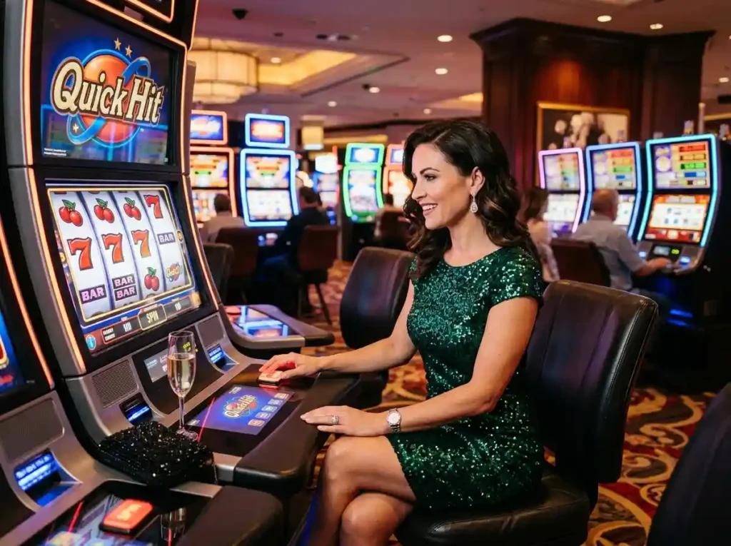 Glamorous casino player inside a real casino standing in front of slot machines with the vivamax app download casino experience highlighted in a vibrant gaming floor setting