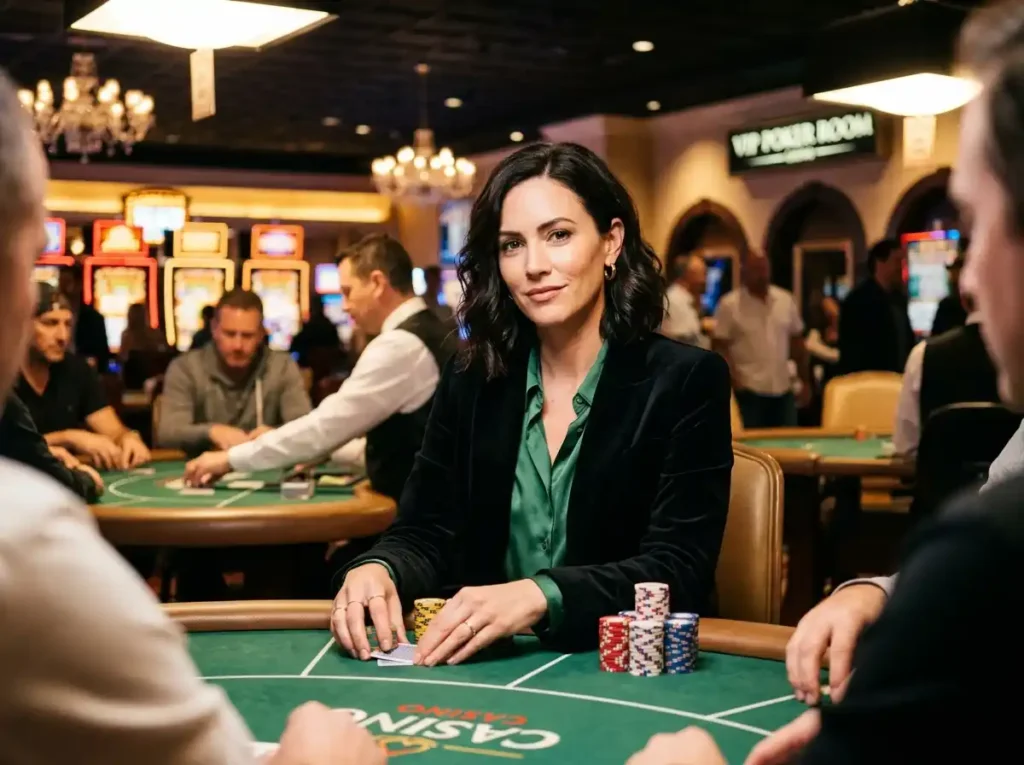 vivamax app download casino – stylish woman facing camera at a poker table inside a real casino, highlighting online casino gaming atmosphere