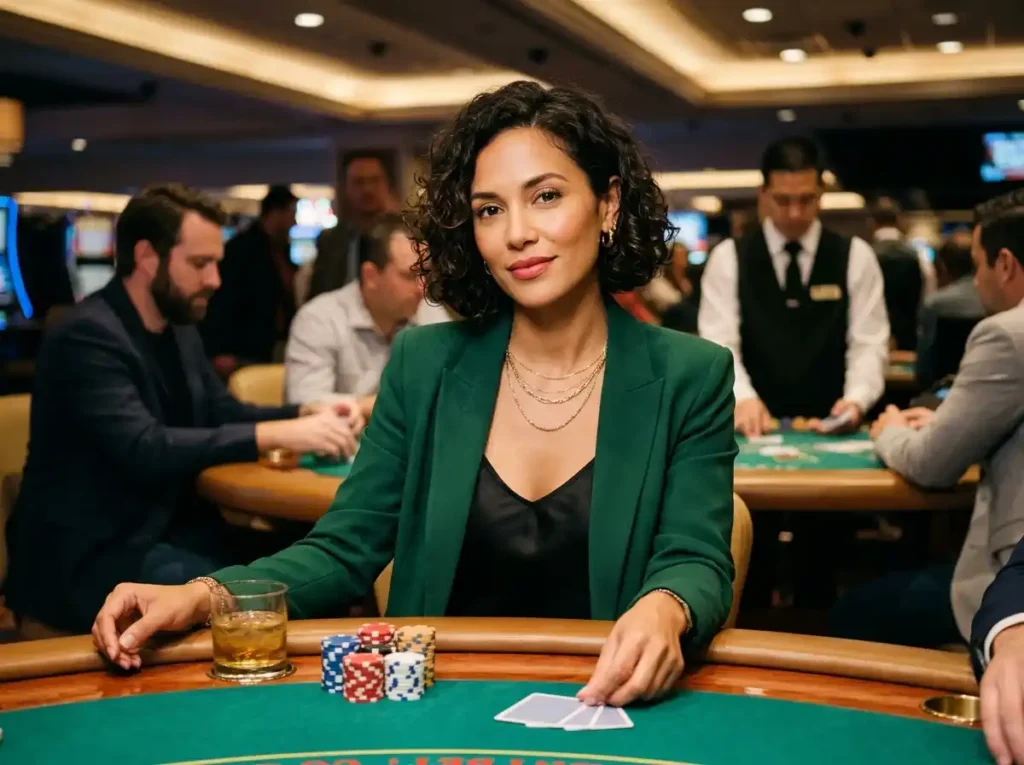 Stylish woman facing camera while playing at a poker table inside a real casino, vivamax app download casino experience with a lively gaming atmosphere
