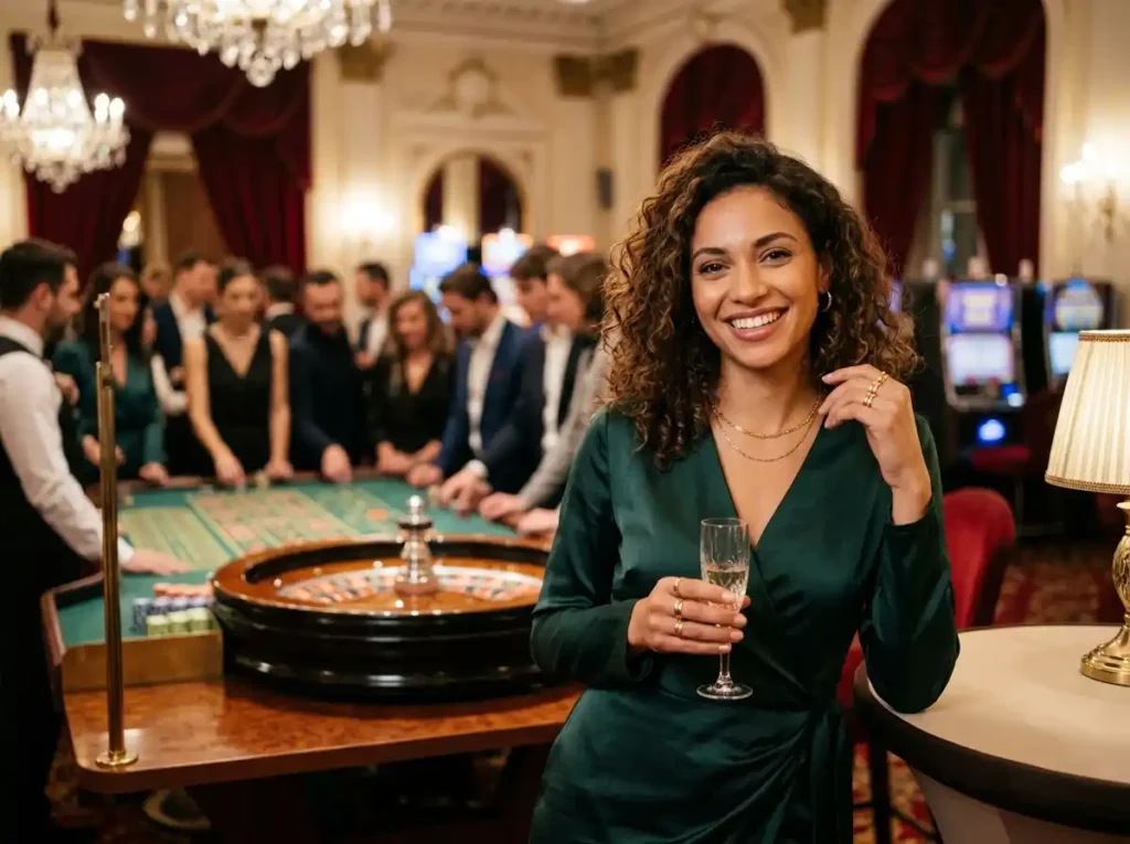 Stylish woman smiling while playing at a roulette table inside a real casino, enjoying the vibrant atmosphere linked with vivamax app download casino experience in an online casino setting.