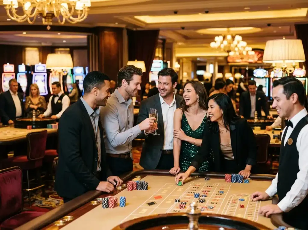 Group of friends enjoying a luxury night at a physical casino gaming table, representing the excitement of 188maya casino in a real casino atmosphere.