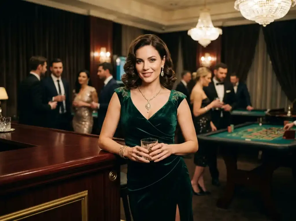Glamorous woman looking at the camera inside a VIP casino setting, highlighting the luxurious atmosphere associated with 188maya casino.
