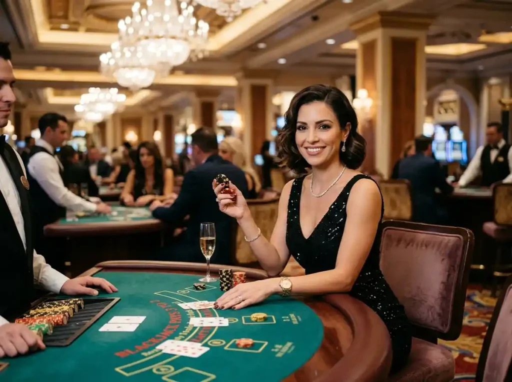 Stylish woman playing at a luxury physical casino table, representing the 188maya casino experience in a real-world casino setting with elegant lighting and gaming atmosphere.