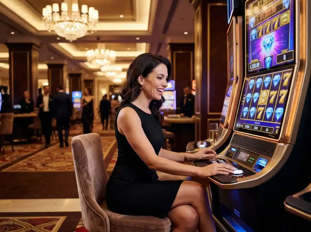 Woman playing slot machine inside a luxury casino, enjoying a real gaming experience associated with 188maya casino atmosphere.